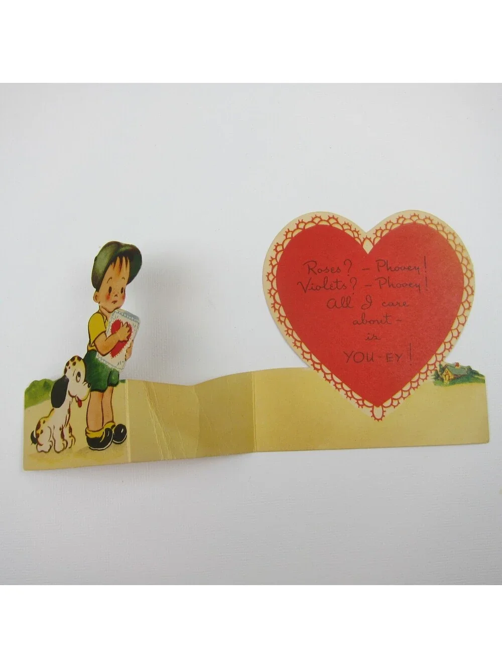 Vintage Valentine Boy & Dalmatian Puppy Dog Red Heart Card Foldout Americard